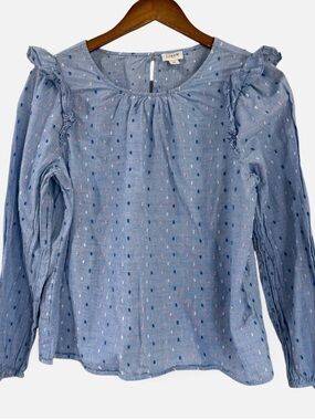 J. Crew Light Blue Dot Ruffle-Shoulder Blouse